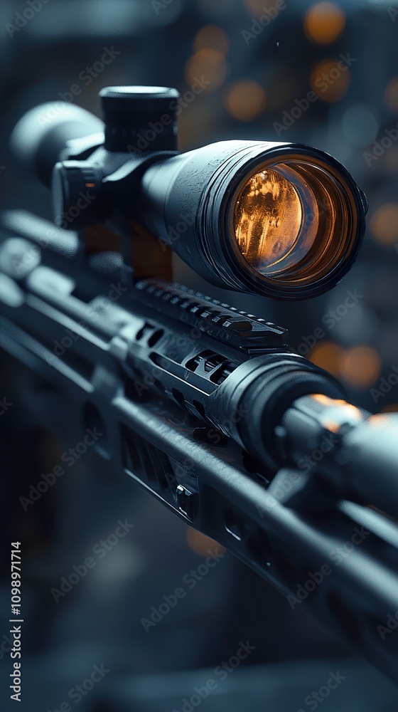 Naklejka premium Close-up of a Sniper Rifle Scope: Precision Engineering and Tactical Weaponry