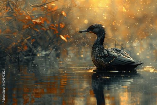 Beautiful black duck on the water in the autumn foggy forest.,.     photo