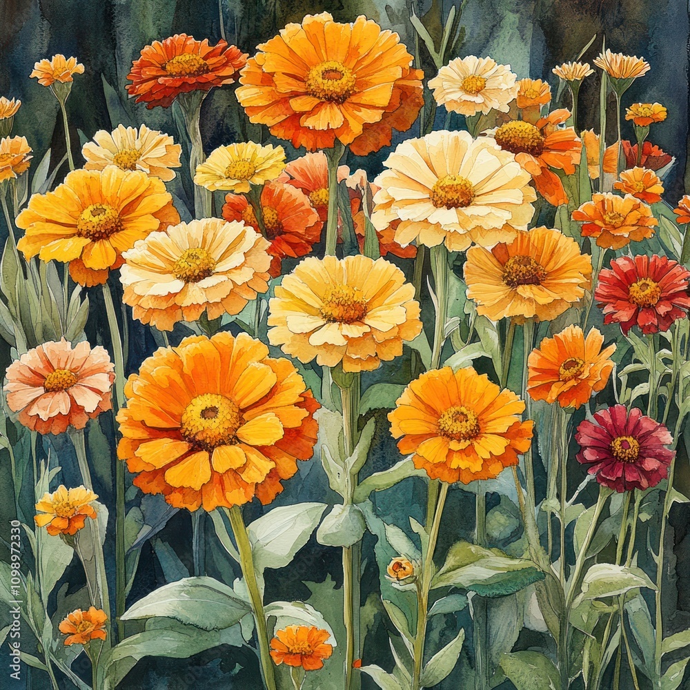 Fototapeta premium A vibrant illustration of blooming flowers in shades of orange, yellow, and red.