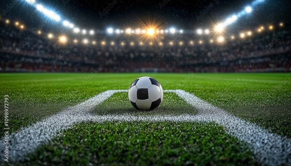 Fototapeta premium soccer field at night with soccer ball on center line illuminated by stadium lights