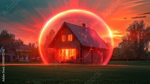 House Protected by Red Dome Alarm System at Dusk