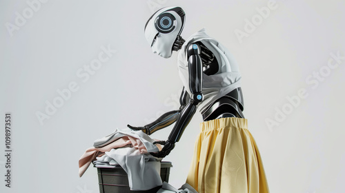 Efficient AI Housemaid in a Traditional Uniform Sorting Laundry in a Contemporary Home Setting photo