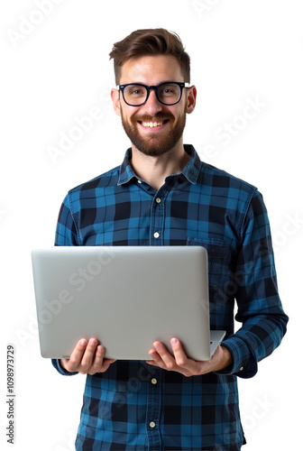 Smiling man in glasses holding a laptop, wearing a blue plaid shirt, isolated on a transparent background