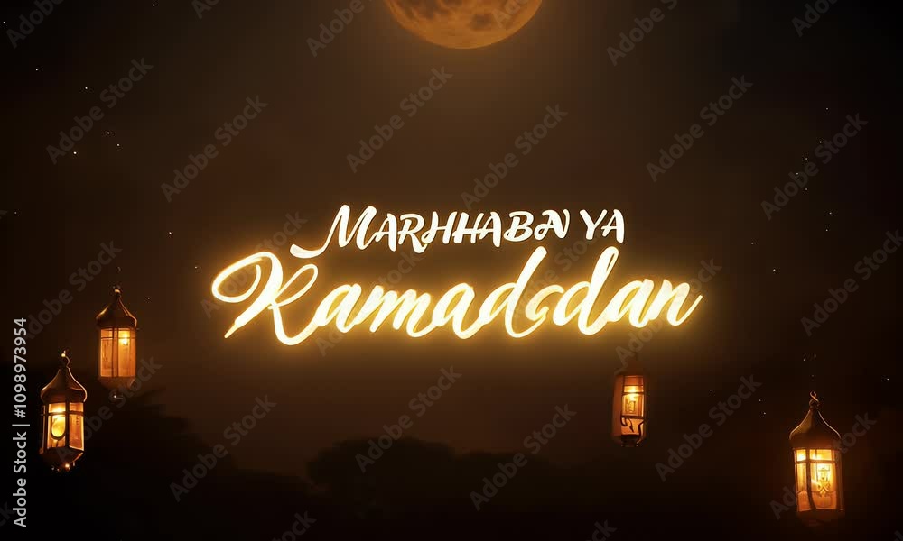 Marhaban Ya Ramadan: Festive Greeting Card with Lanterns and Crescent Moon