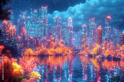 Surreal underwater city adventure fantasy landscape digital art oceanic environment nighttime viewpoint illuminated concept