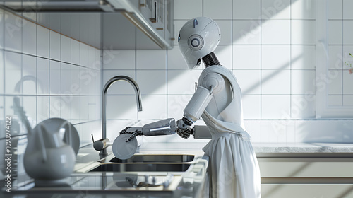 Artificial Intelligence Robot Housemaid in a Classic Uniform Washing Dishes in a Clean and Minimalistic Kitchen Setting photo
