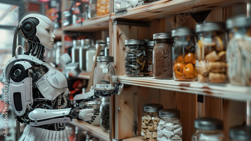 High-Tech AI Robot in a Housemaid Uniform Tidying Up Pantry with Neatly Arranged Jars, Modern Home Organization photo