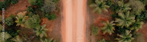 Wallpaper Mural Serene Aerial View of a Dusty Road Surrounded by Lush Green Tropical Vegetation and Tall Palm Trees, Capturing the Beauty of Nature and Tranquility Torontodigital.ca