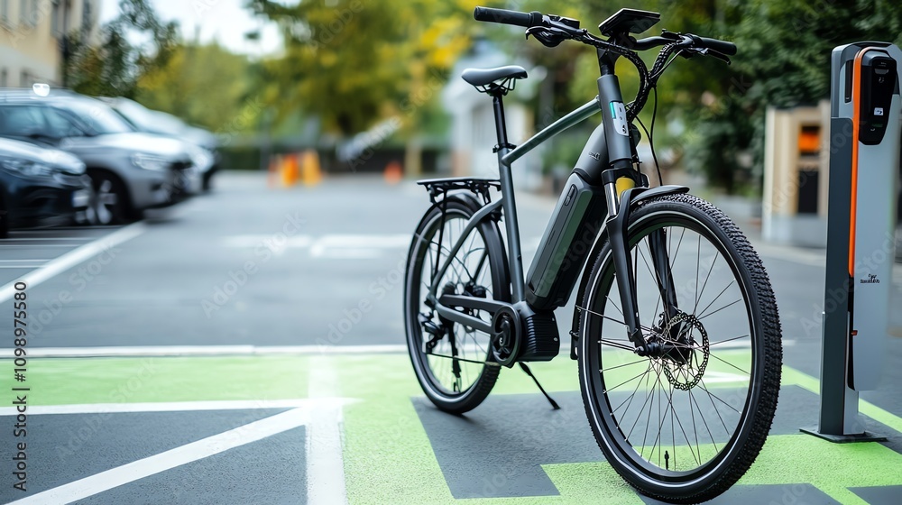 Fototapeta premium An electric bike parked at a charging station in an urban setting.