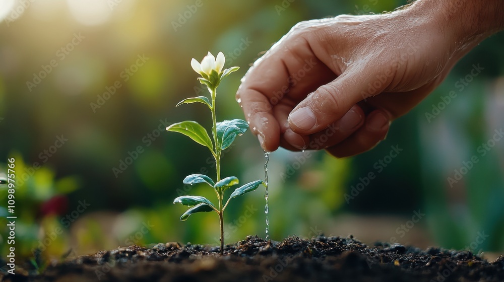 Fototapeta premium Hand Watering a Young Green Plant with Soil in a Sunlit Garden, Nurturing the Growth of Fresh Flora for Sustainable Gardening and Environmental Awareness