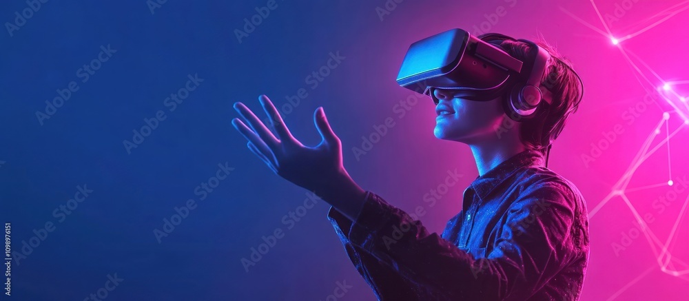 Naklejka premium A man wearing a virtual reality headset is playing a game.