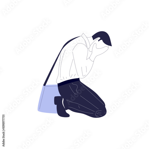 The fired office worker fell to his knees and covered his face due to stress.
