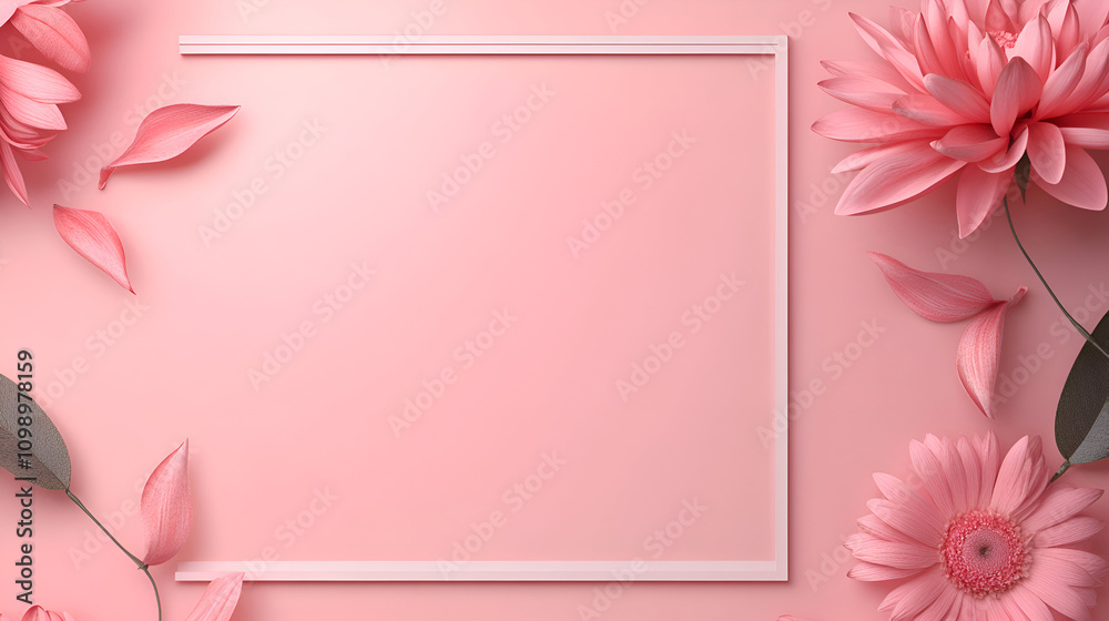 Obraz premium White frame with pink flowers on pink background , beautiful white wedding for room with pink flower on pink background , flower and blank white photo frame