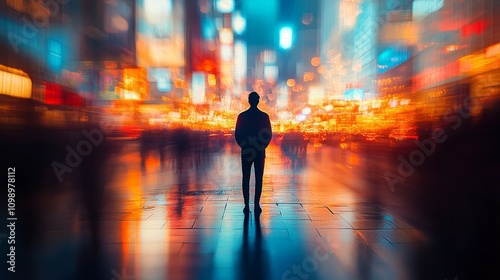 A man stands in the center of a busy street, surrounded by blurry dynamics and vibrant light spots, symbolizing loneliness and introspection in the hustle and bustle of urban life.