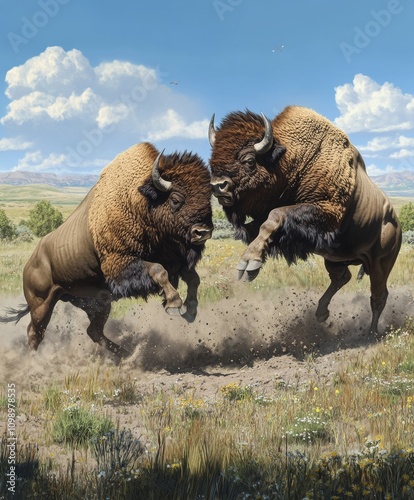 mighty bison fighting kick up clouds of dust across wildflower dotted prairie their massive bodies clashing beneath bright blue sky with puffy white clouds photo