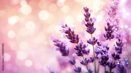 Beautiful Field of Soft Purple Lavender Blossoms with Glowing Bokeh Lights Sparkling in the Background for a Dreamy Artistic Effect