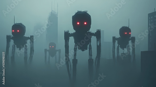 Towering futuristic robots, their red eyes glowing ominously, stand in a foggy cityscape, setting a grim, dystopian tone. Dystopian. Illustration photo