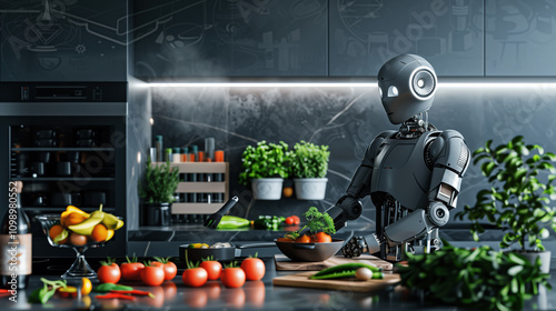AI Robot Cooking a Healthy Meal in a High-Tech Modern Kitchen, Futuristic Culinary Technology and Smart Kitchen Devices photo