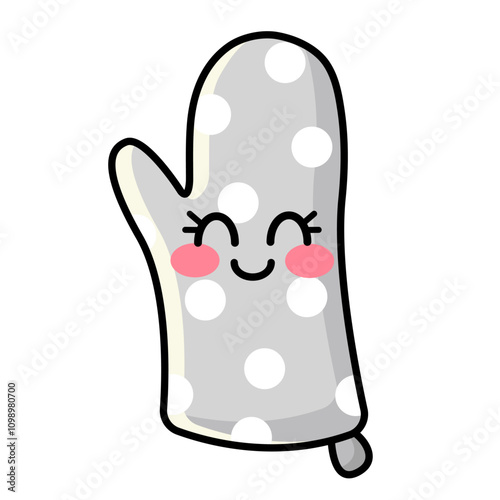 Cute kitchen glove or pot holder in flat kawaii style. Grey fabric with white dots design kitchen equipment kawaii character icon isolated on white background	