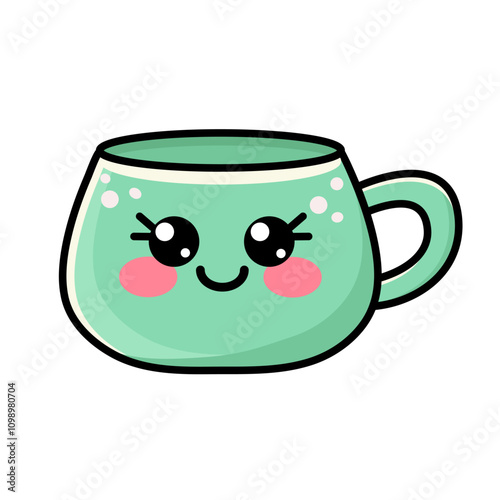 Cute vector green icon of coffee cup, mug in flat style with kawaii emotions isolated on white background