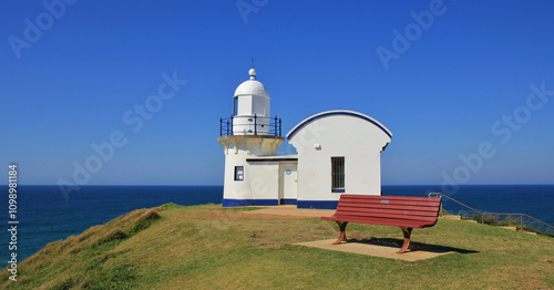 Old white lighthouse in Port Maquarie, New Zealand.