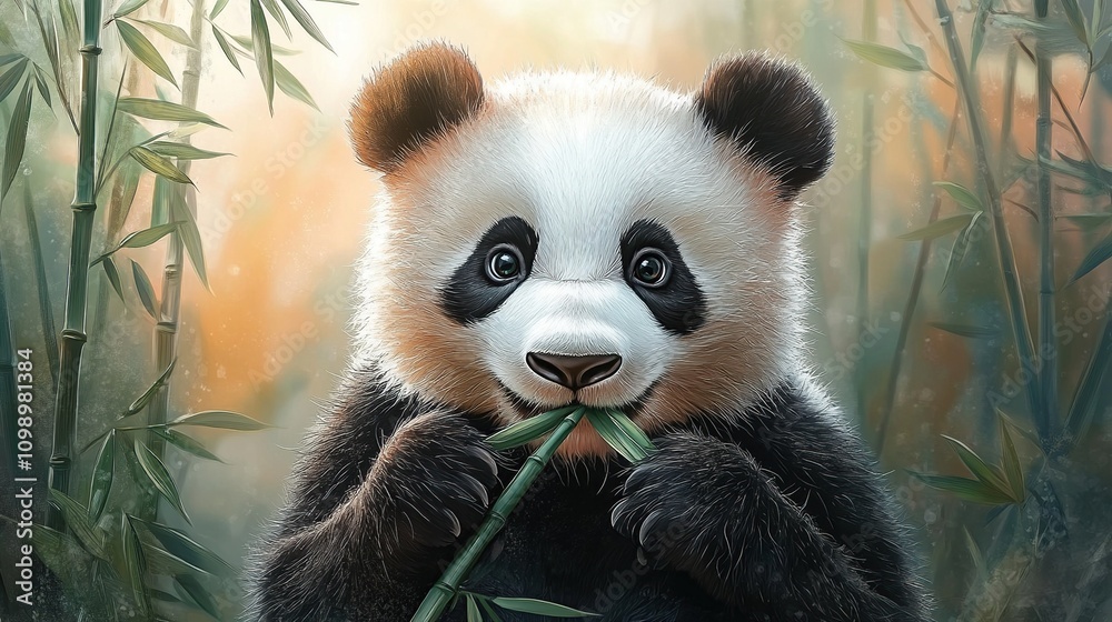 Fototapeta premium A cute panda munching on bamboo in a serene forest setting.