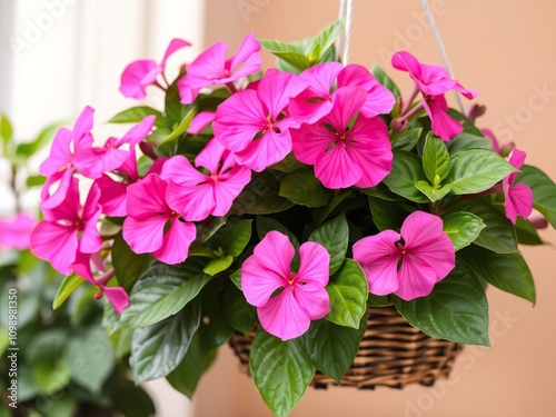Pink impatiens flowers with green leaves in a hanging basket, hanging basket, pink impatiens
