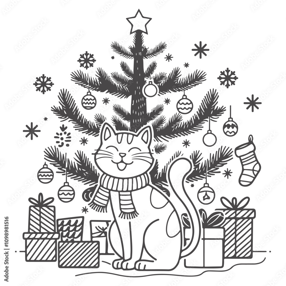 Fototapeta premium cute cat alphabets animal Santa clause cartoon with gift box, happy merry Christmas coloring page activity book for kids children and adults ready to Print