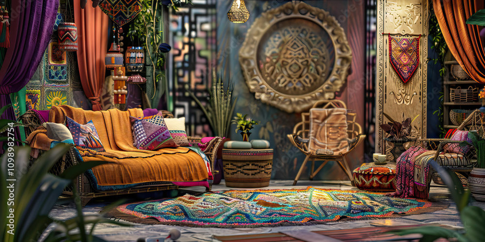 Fototapeta premium Bohemian Lounge Talk Show Set: A cozy set with eclectic decor, colorful textiles, and a backdrop featuring a bohemian-style lounge