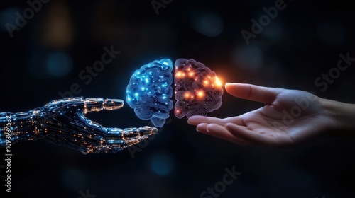 A symbolic image of a human hand and a robotic hand forming a circle over a glowing brain, focus on collaboration, surreal, blend mode, abstract intelligencethemed backdrop