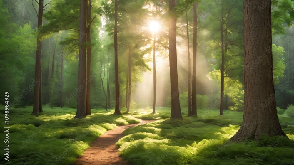 Obraz premium AI GENERATE, Serene forest background with soft sunlight streaming through tall trees and lush green foliage