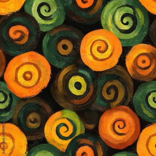 Seamless pattern of hand-painted spirals in earthy tones like brown, green, and mustard