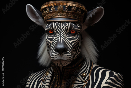 a man in a complex costume or mask stylized as a zebra's face.,.     photo