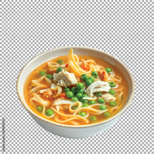 Chicken noodle soup with vegetables on transparent background.