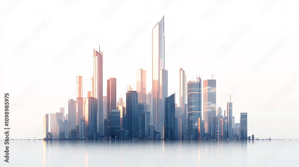 Obraz premium 14.A detailed, isolated city skyline featuring a series of sleek, modern skyscrapers of varying heights. The buildings have reflective glass exteriors and minimalist designs, creating a futuristic