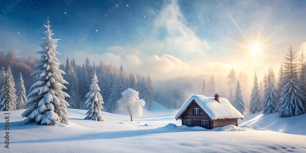 Fototapeta premium Serene Winter Cabin in a Snow-Covered Forest at Sunrise