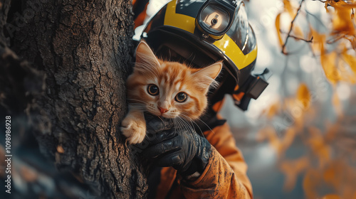 Futuristic AI Robot Firefighter Rescuing Kitten from a Tree in a Lush Urban Park on a Sunny Day photo