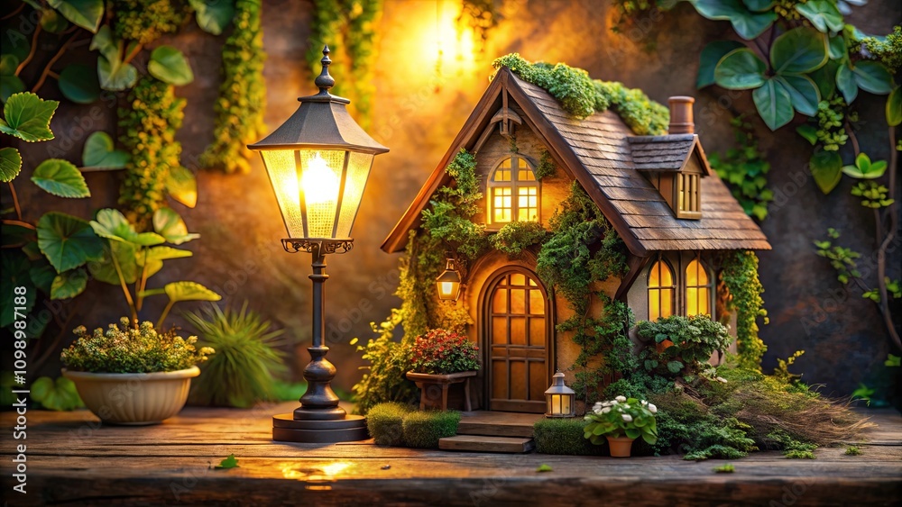 Fototapeta premium Enchanted Cottage Scene with Illuminated Lamppost at Dusk