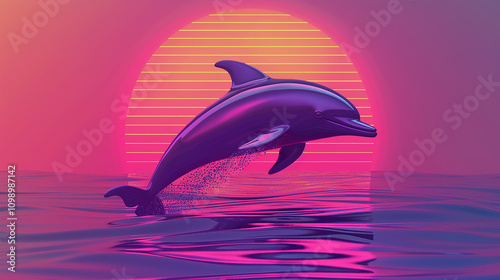 Futuristic scene featuring a dynamic dolphin leaping out of a vibrant ocean photo