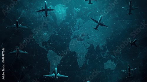 A futuristic aerial view of electric aviation hubs connected by green transportation networks, focus on innovation, futuristic, composite, interconnected global map backdrop photo