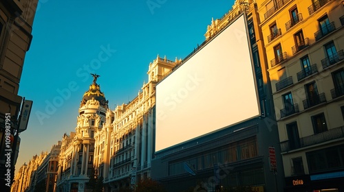 61.A large blank billboard mounted on the side of a tall building in Madrid, with the structure illuminated by the afternoon sunlight. The building is located in a bustling area, surrounded by photo