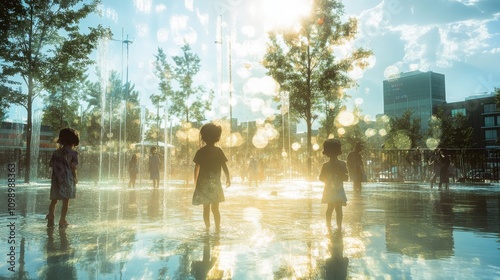 A community workshop demonstrating watersaving techniques for climate adaptation, focus on education, ethereal, double exposure, community center backdrop photo