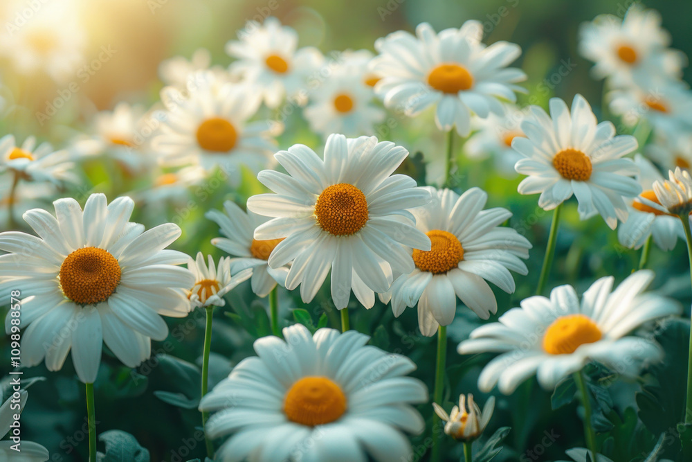 Fototapeta premium field with daisies. The flowers have white petals and bright yellow centers.