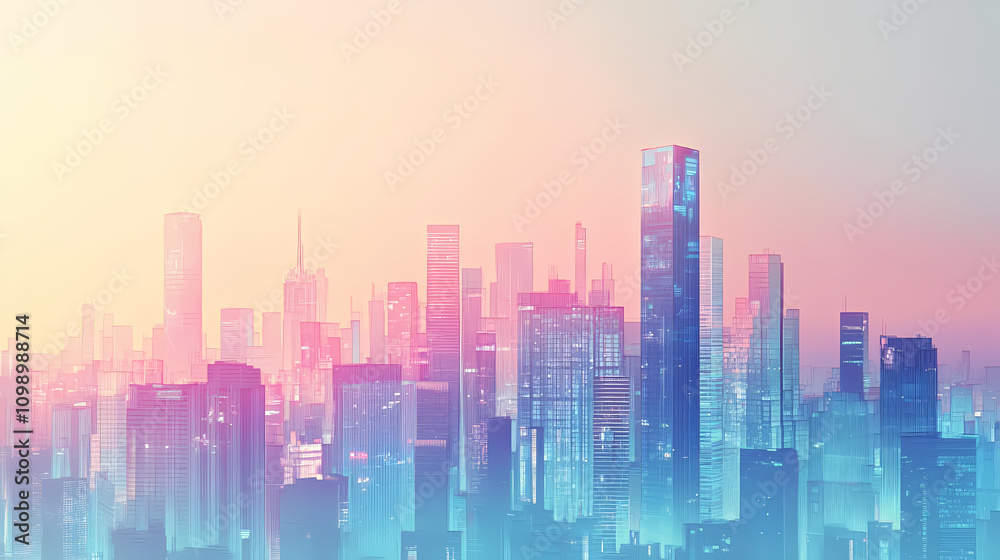 Fototapeta premium Futuristic cityscape with glassy skyscrapers under a clear sky. Dystopian. Illustration