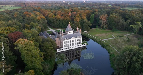 Aerial footage of the Castle Renswoude at sunset in Renswoude town, Utrecht, Netherlands photo