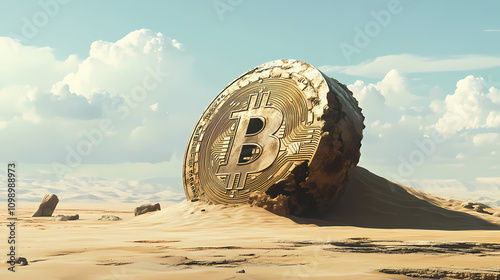 Giant bitcoin coin sinking into quicksand desert landscape digital currency concept dystopian view. Dystopian. Illustration photo