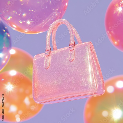 A surreal scene of a handbag floating in a bubble with flowers around it.