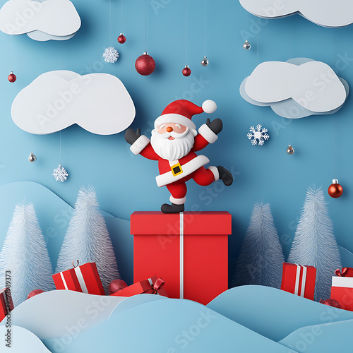 Smiling Santa Claus delivers gifts to a happy family on a snowy Christmas Eve