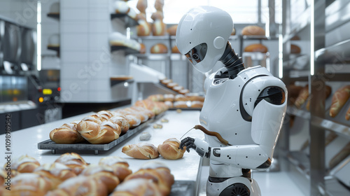 Advanced AI Robot Baker at Work in Bakery Making Delicious Artisan Bread with Precision and Expert Craftsmanship photo