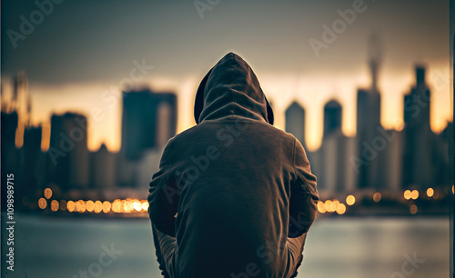 A man is sitting by the water with a hoodie on